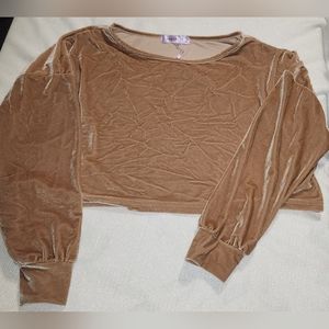 Cheibear Womens Velour Longsleeve Medium Tan Velvet Crop Top
